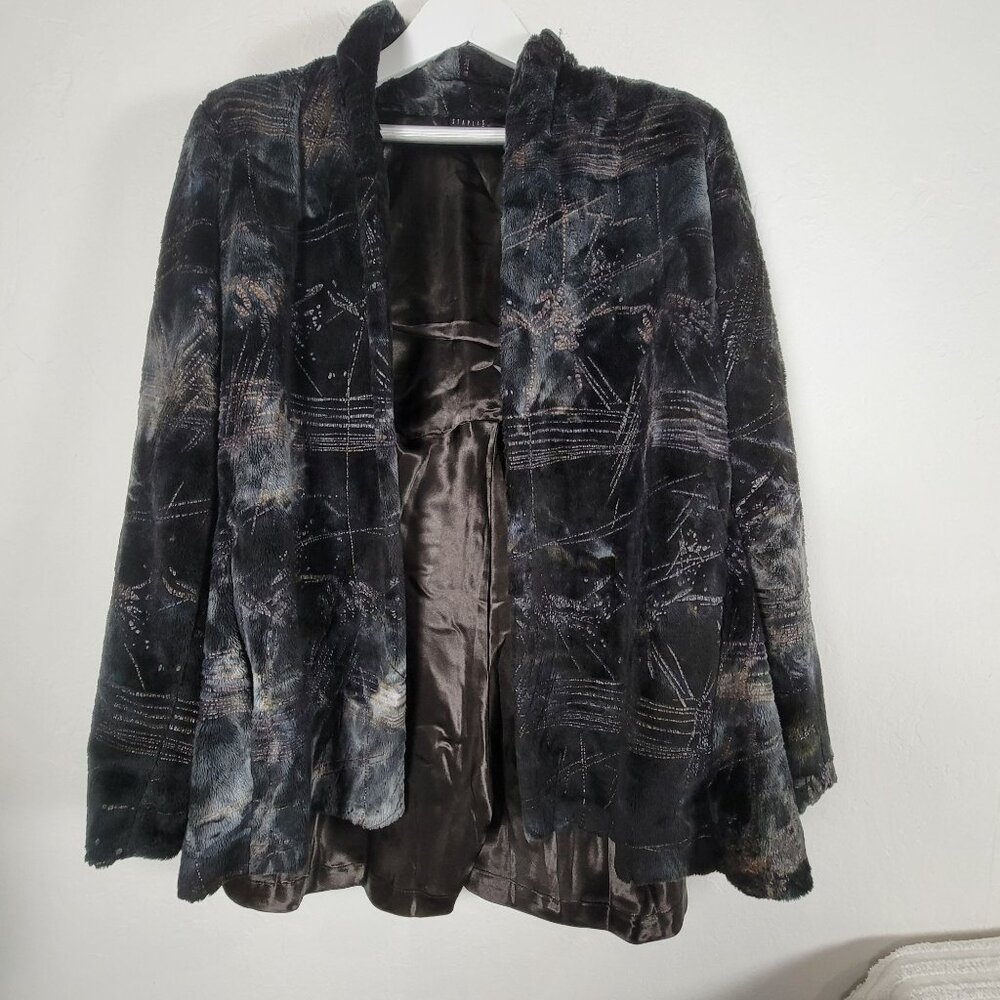 Vintage Staples Womens Faux Fur Jacket S Black/Gray Open Front Lightweight